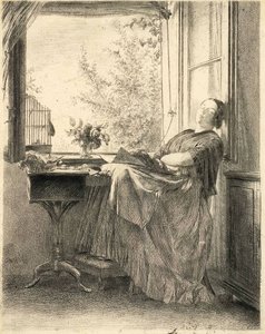 De slapende naaister bij het raam door Adolph Menzel